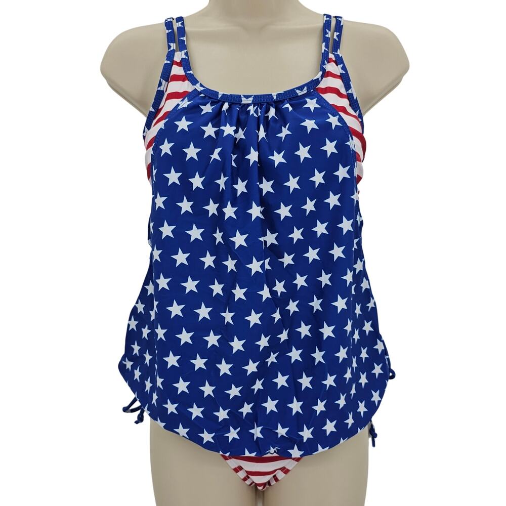 Zando Womans size M 2 Piece Tankini Swimsuit Stars & Stripes Red White Blue NWOT